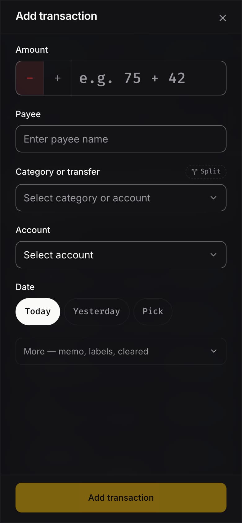 The Add transaction sheet open on a phone, in the dark Raven theme: fields for amount, payee, category or transfer, account and date, with the Add transaction button at the bottom.