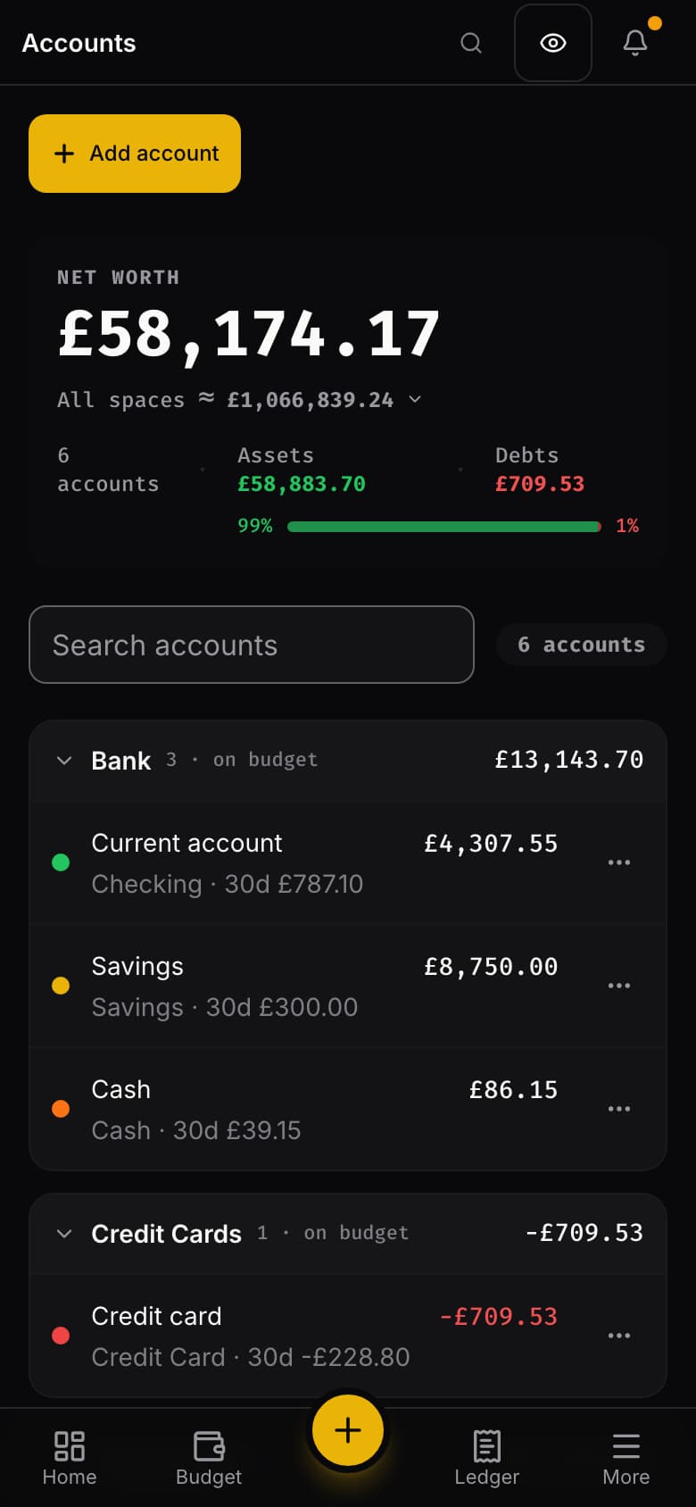 Rudopo on a phone: the Accounts screen of a pound budget, with net worth and a list of current, savings, cash and investment accounts.