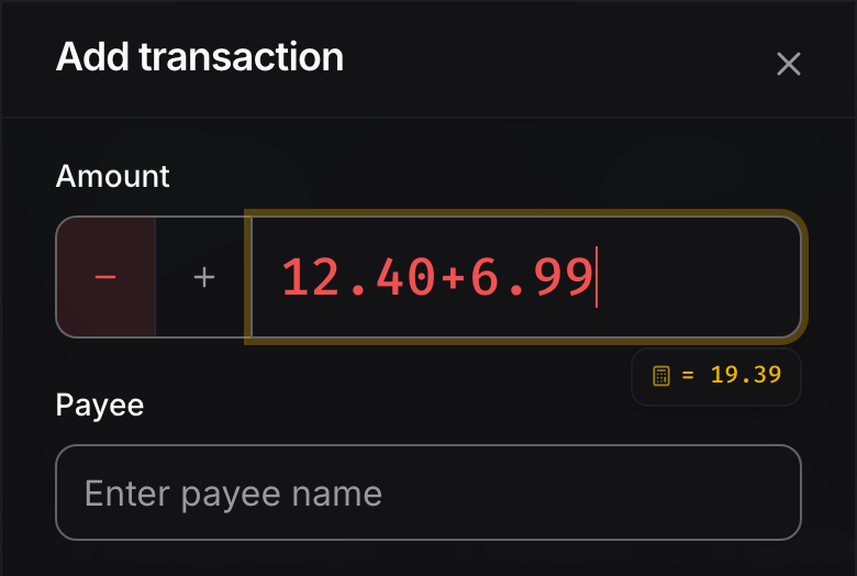 The top of Rudopo's Add transaction sheet on a phone: 12.40+6.99 typed into the amount field, the calculated total 19.39 shown beneath it, and the payee field below.